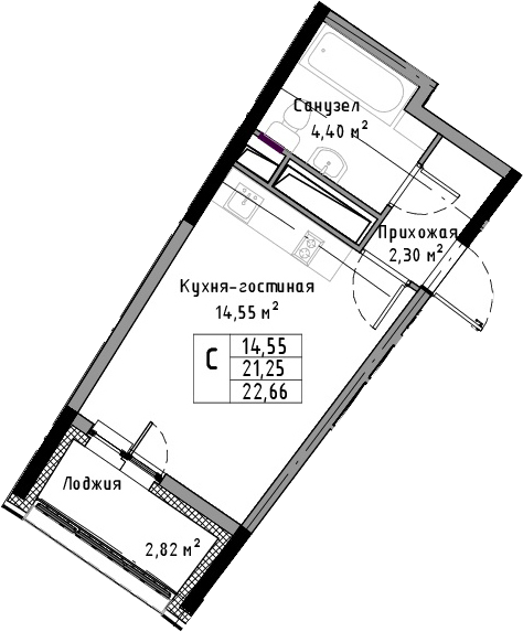 Студия в : площадь 22.66 м2 , этаж: 10 - 11 – купить в Санкт-Петербурге